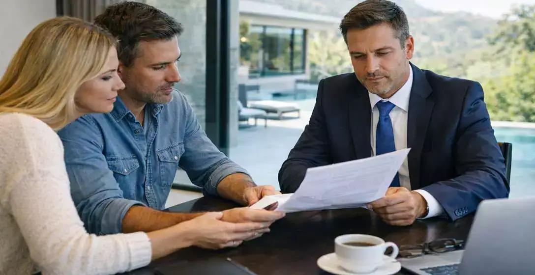 Agente inmobiliario experto en mercado off-market revisa documentación de los compradores