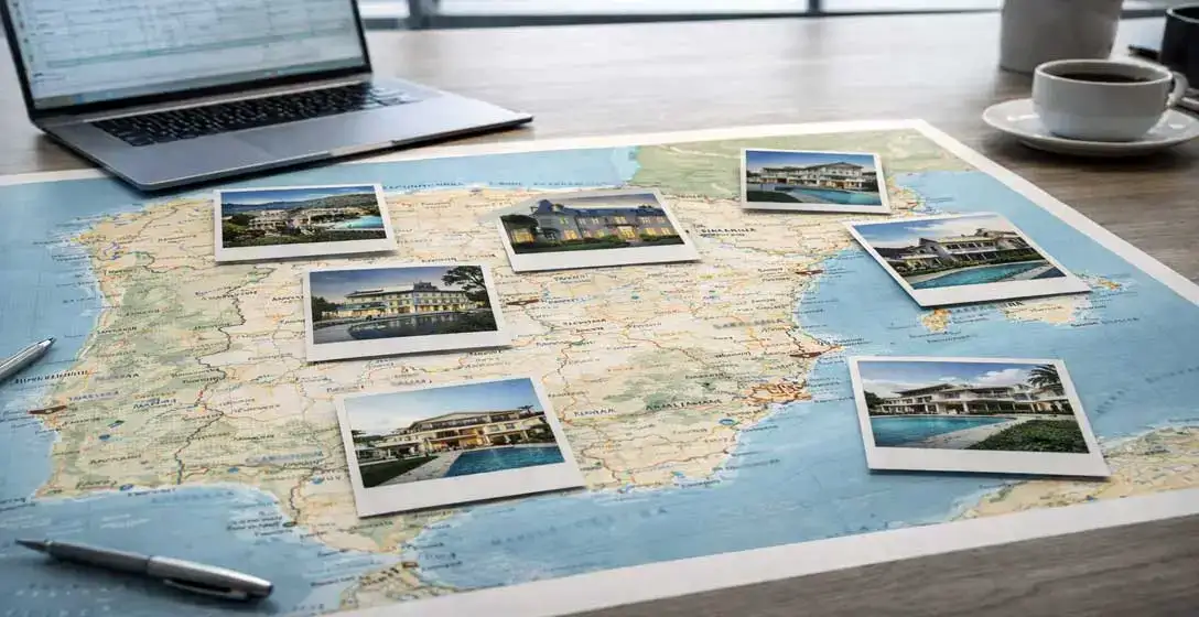 Mapa de España con fotos de viviendas esparcidas sobre el mapa