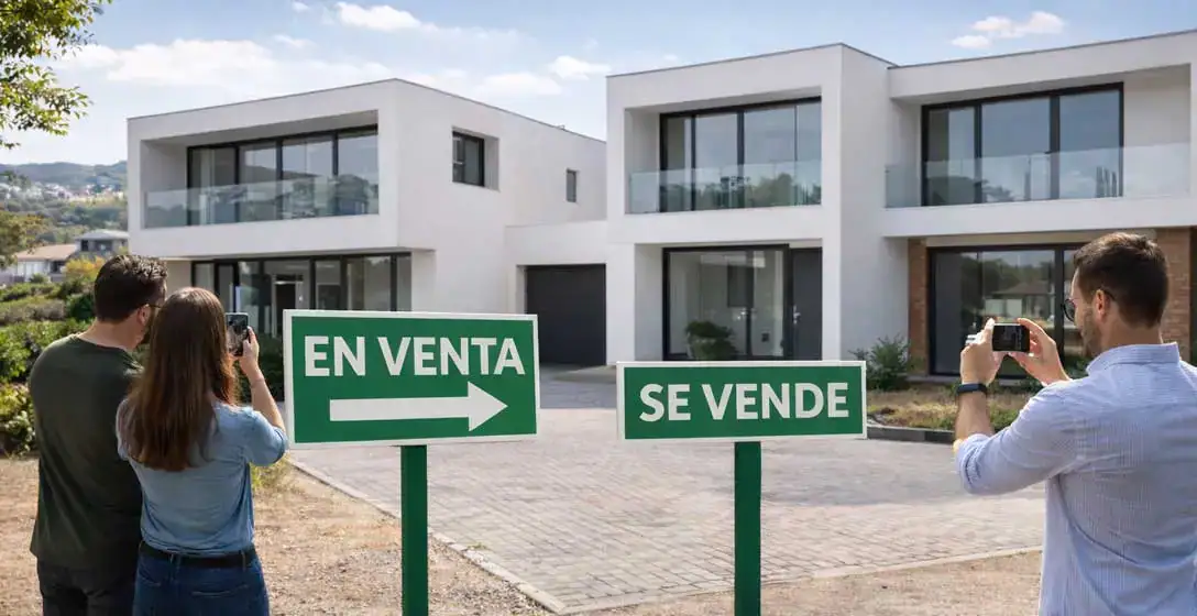 Muchas personas haciendo foto a una casa de lujo.