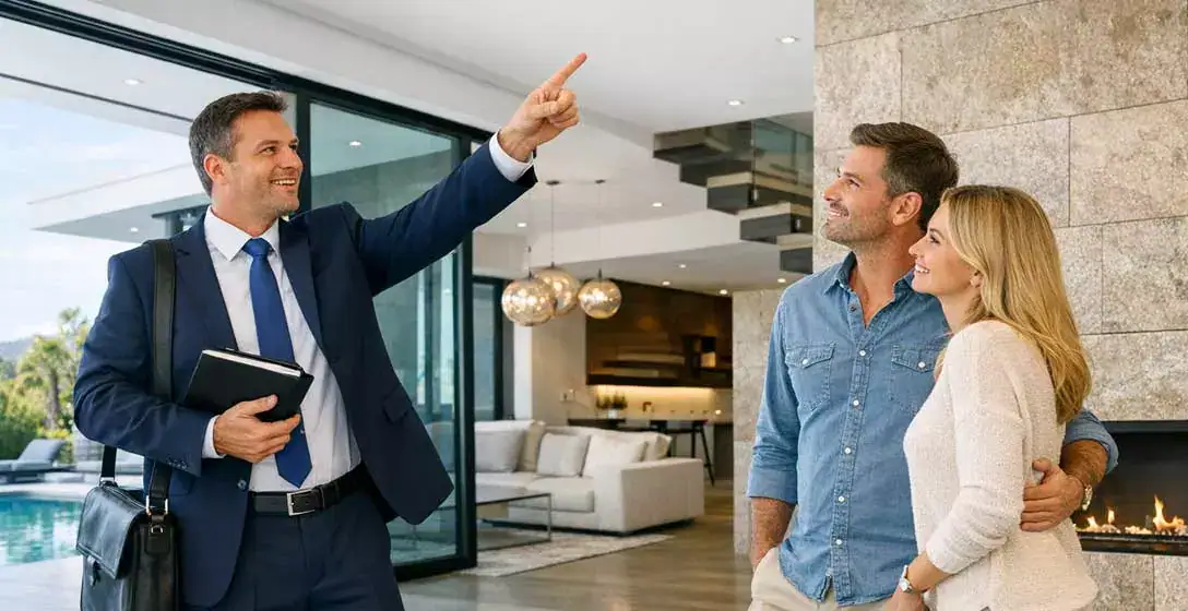 Un agente inmobiliario especializado en off-market mostrando una casa de lujo.