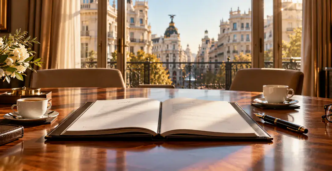 Contrato sobre mesa de reuniones de hotel con vistas a Madrid – contrato de gestión hotelera, arrendamiento o franquicia