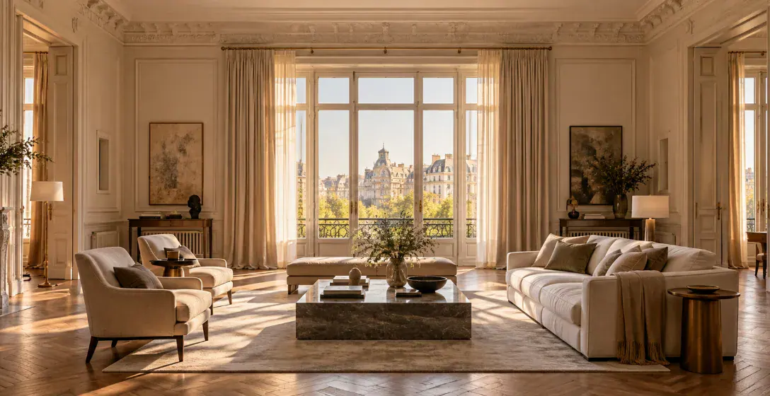 Salón de vivienda señorial en Madrid con luz de tarde – vender off-market