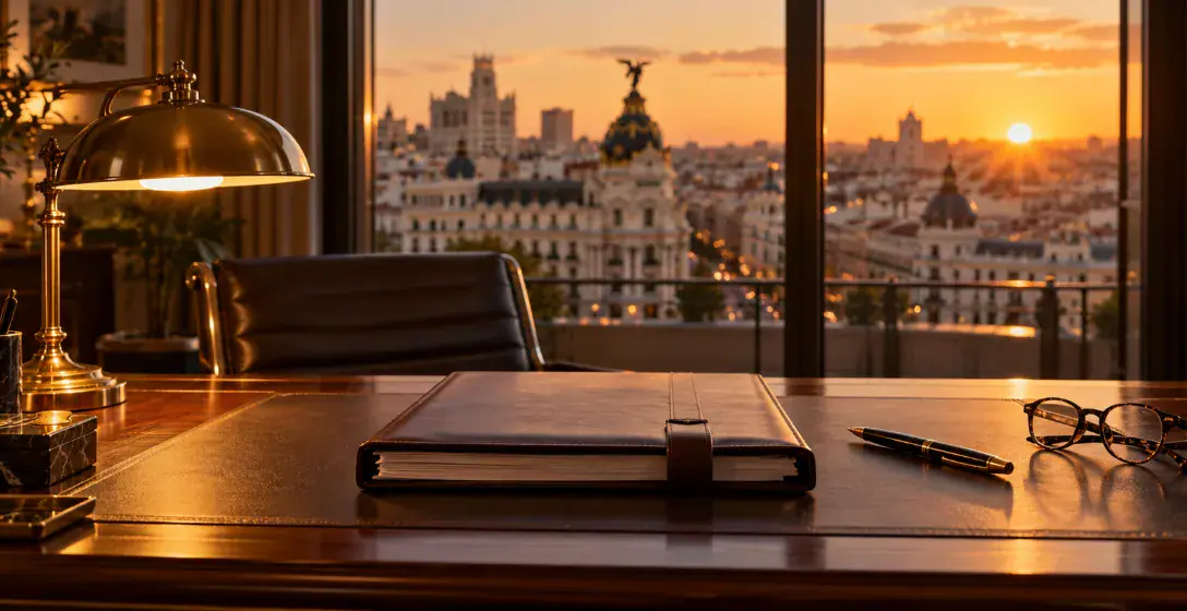Despacho con carpeta confidencial y vistas a Madrid al atardecer – riesgos de invertir en off-market sin asesoramiento