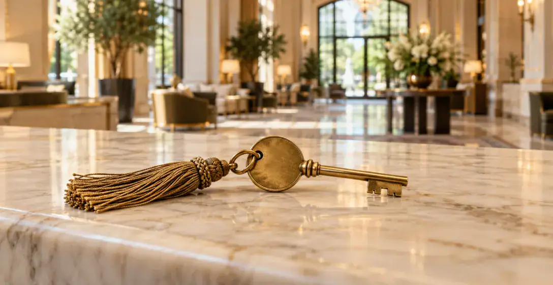 Llave de hotel sobre mostrador de recepción – vender un hotel con o sin operador